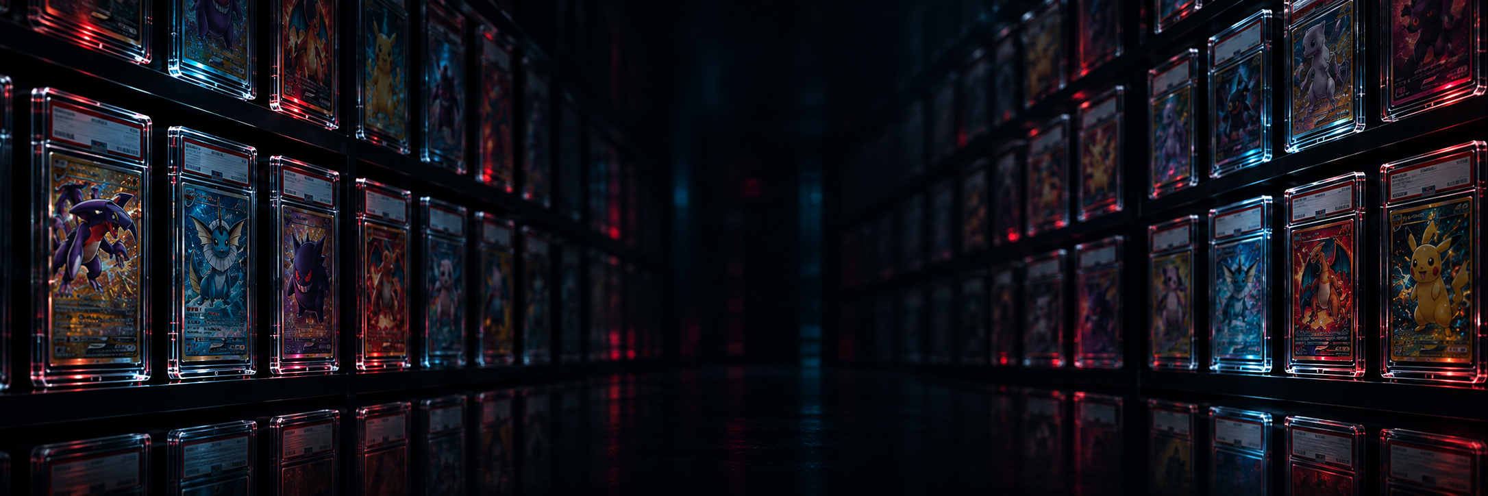 A dark wall of graded trading card cases